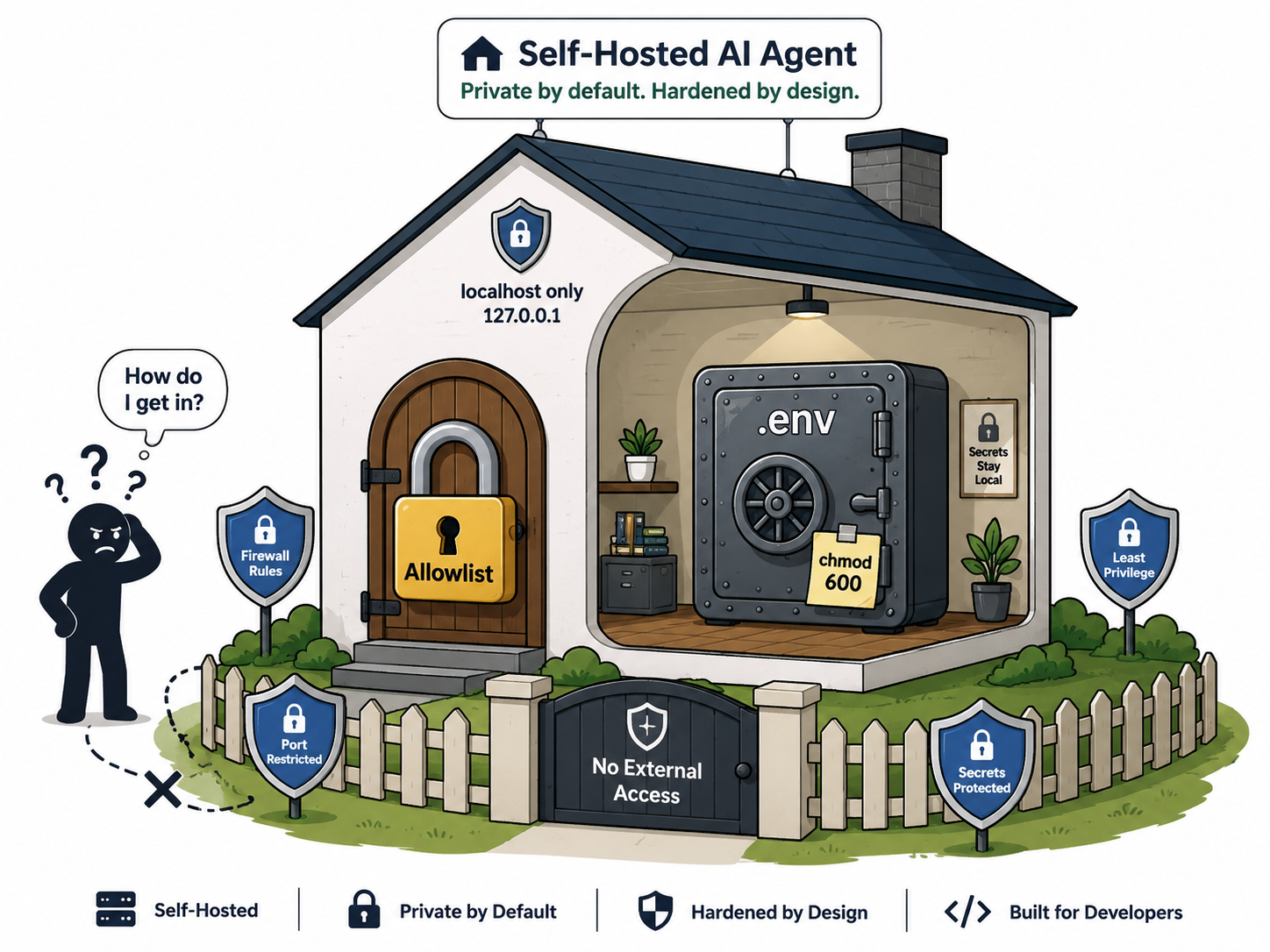 A cartoon house labelled "Self-Hosted AI Agent — private by default, hardened by design": locked front door (allowlist), localhost-only 127.0.0.1 binding, a safe inside holding the .env file with chmod 600, a fence of shields (firewall rules, port restricted, least privilege, no external access), and a locked-out figure outside asking "How do I get in?"